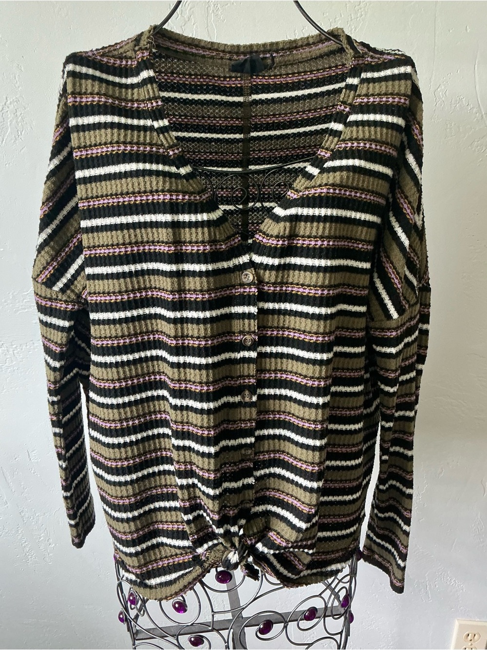 Urban Outfitters Oversized Waffle Knit Striped V-Neck Tie Front Top